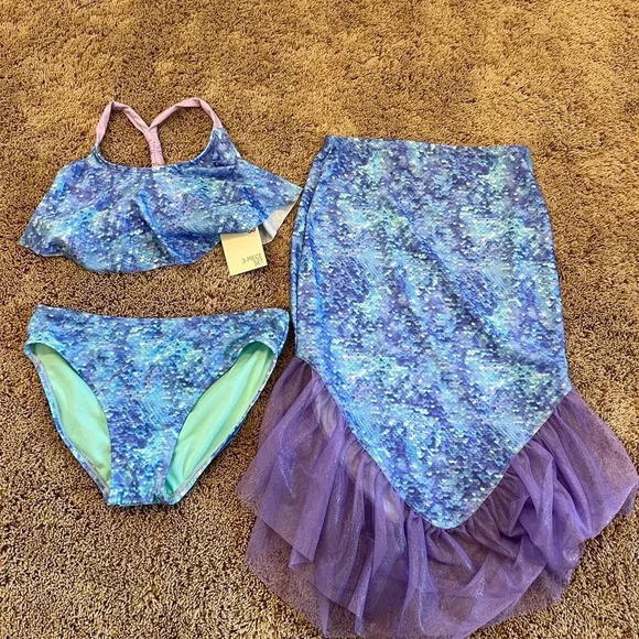 New 3 piece mermaid swim set top bottom tail girls 16 SO swimsuit xl new bikini - Picture 3 of 11